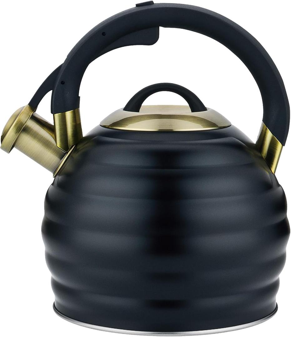 Tea Kettle for Stove Top Whistling Teapot, 3.2Q Tea Pot Stainless Steel Teakettle with Heat Proof Ergonomic Handle (Black)