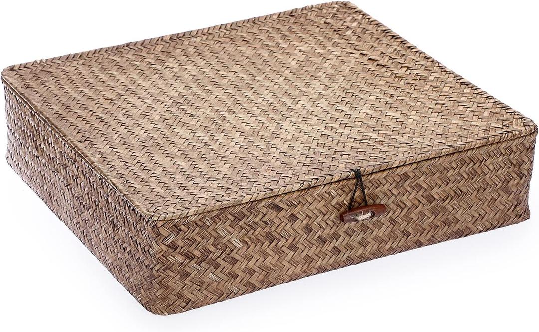 Hipiwe Flat Seagrass Storage Basket Bin with Lid Woven Wicker Basket Box Multipurpose Home Organizer Bin Baskets for Shelf Bathroom Home Decor, Coffee X-Large