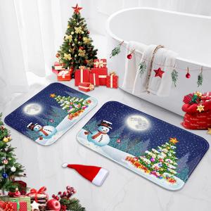 ArtSocket Christmas Bathroom Rugs and Mats Set 2 Piece, Santa Snowman Rugs Non Slip, Christmas Tree Absorbent Microfiber Memory Foam Bath Mat Machine Washable Bathroom Floor Mats