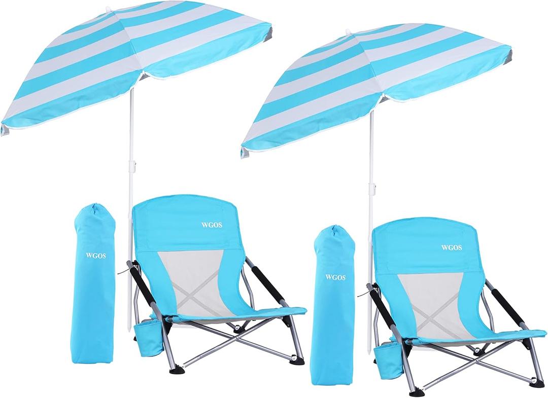 Beach Chair, Folding Chairs, Portable, Beach Chairs with Umbrella, Chairs with Shade for Adult (2-Pack Blue), 20d X 21w X 23h in