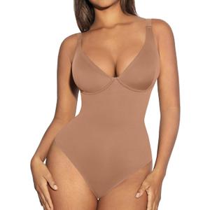 FeelinGirl Shapewear Bodysuits for Women Tummy Control Body Suits Deep V Neck Thong Body Shaper (Medium, Light Coffee)