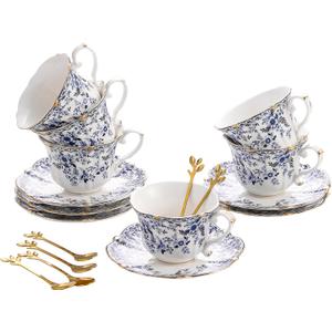 TATSUMI Country Roses 18 Peices Bone China Tea Cup And Saucer Set, English Vintage Tea Cups Of 6 For Women And Tea Party SetsQH,6 SETS (Blue)
