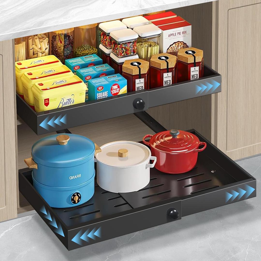 Expandable Pull Out Cabinet Organizer 16.5" Deep, 3 Rails Slide Out Drawer for Kitchen Cabinet, Adjustable No Drill Roll Out Shelf Adhesive with Nano Film 17.1"-26.7" W Black 1 Pack