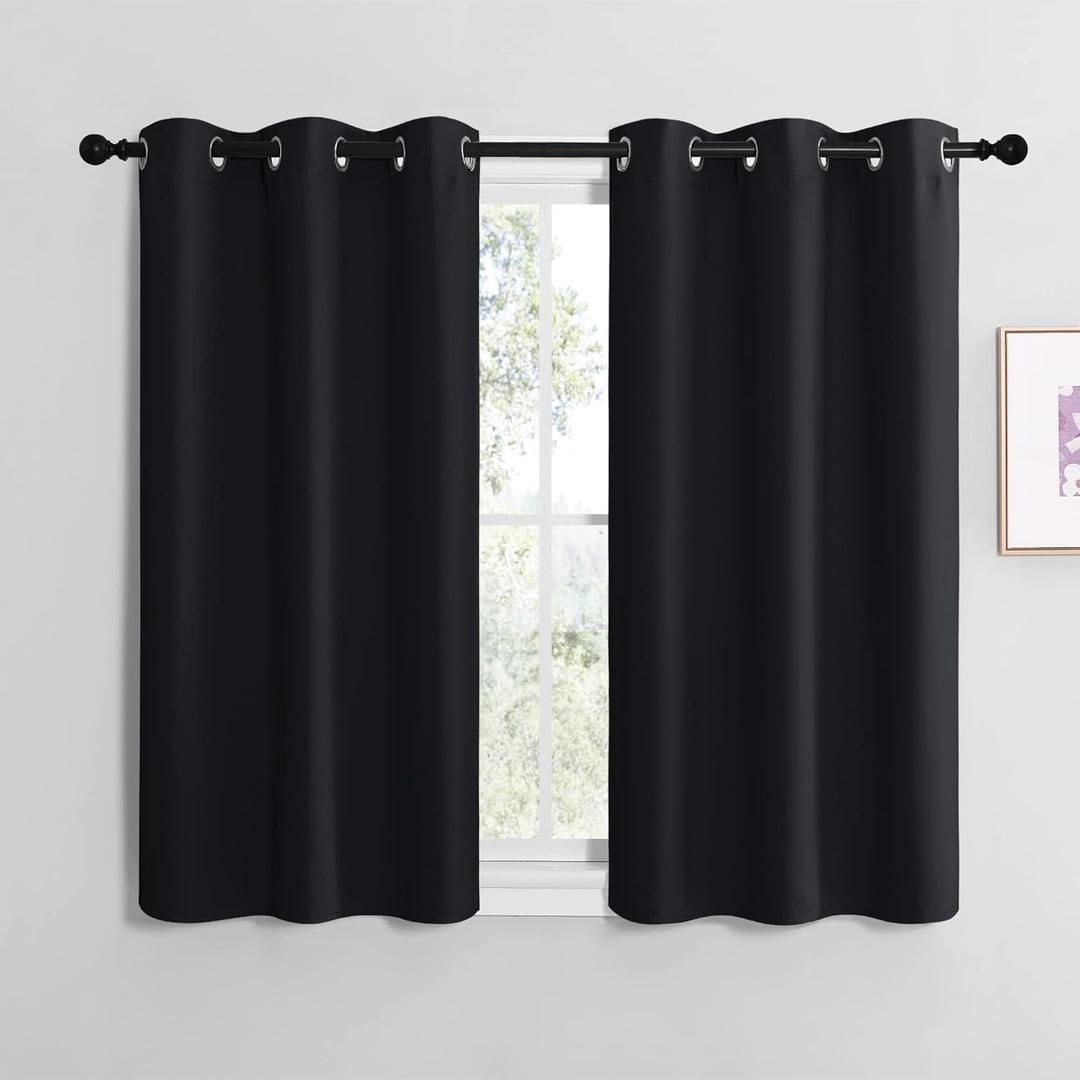 NICETOWN Halloween Bathroom Blackout Curtains and Drapes, Black Solid Thermal Insulated Grommet Blackout Drapery Panels for Window (2 Panels, 42 inches Wide by 6 inches Long, Black)