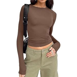 Women's Long Sleeve Shirts Slim Fit Going Out Crop Tops Casual Solid Color Crew Neck Tee Tight Streetwear M