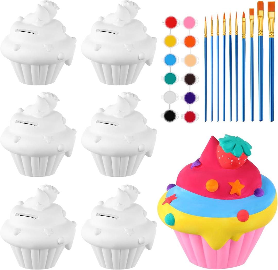 Chunful 6 Sets DIY Ceramic Piggy Bank for Kids Painting Kit with 6 Coin Bank 12 Paint Colors 10 Brushes Creative DIY Craft Kit Christmas Birthday Gifts for Boys Girls(Cupcake)