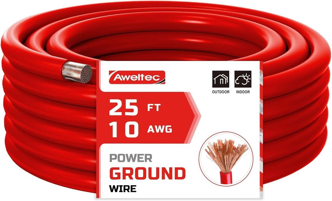 10 Gauge Wire, 25 Feet Red Power Ground Cable, Primary Automotive Wire, Copper Clad Aluminum for Battery Cable, Car Audio, Amp Wiring, Generator, Automotive, RV