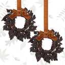 2 Pack Mini Fall Wreath Plum Cimicifuga Seeded Wreath Fake Ramosa Leaves Candle Holder for Fall Thanksgiving Cabinet Table Centerpieces Fireplace Front Door Home Decor