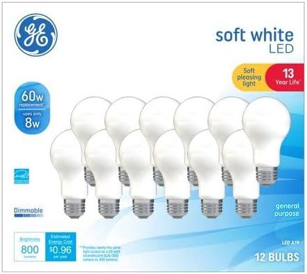 GE LED 8W (60W Equivalent) Soft White General Purpose A19 Light Bulbs, Medium Base, Frosted, 13 Year Life, 12pk