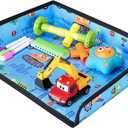Kids Travel Tray Table Cover with Pockets  Toddler Airplane Essentials for Plane, Train, Car & Highchair, Portable Activity Board with Tablet Holder & Storage (Light Blue)