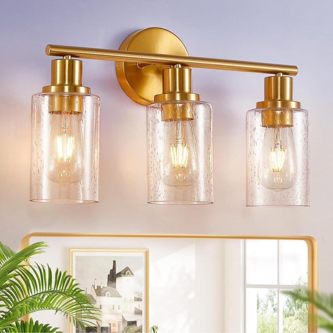 DLLT 3-Light Bathroom Light Fixtures: Gold Modern Vanity Wall Lights with E26 Bulbs - Bubbled Glass Shade Bathroom Wall Lamp for Mirror Kitchen Living Room Hallway Cabinet Porch