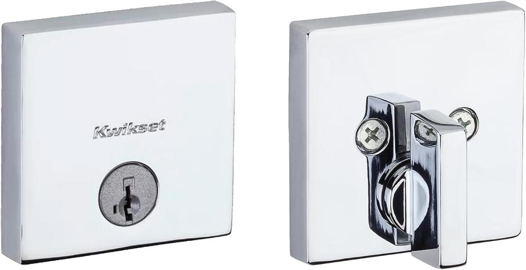 Kwikset Downtown Deadbolt Lock, Polished Chrome Square Exterior Keyed Front Entry Door, Pick Resistant SmartKey Rekey Security, Single Cylinder Dead Bolt (0.5" x 2.63" x 2.63")