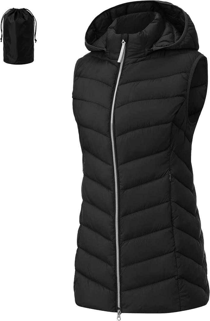 Womens Packable Puffer Vest Long Puffy Vest Bubble Winter Vest Hooded Vests Outerwear Lightweight (Black, L)