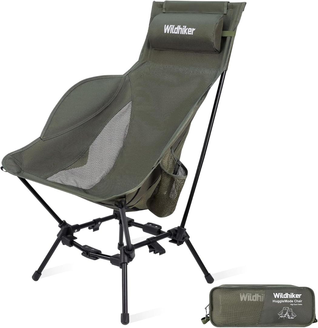 Wildhiker Compact High Back Camping Chair - Foldable with Dual Sitting Modes, Pillow, Arm Pads and Side Pockets - Lightweight Portable Chair for Motorcycle, RV, Festival, Travel - Green