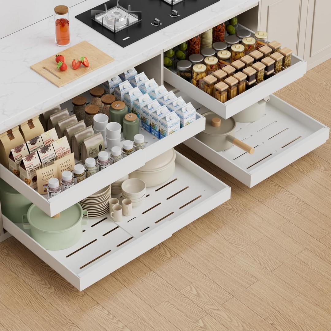PAKETA 4 Pack Expandable Pull Out Cabinet Organizer, 21'' Deep Pull Out Drawers for Cabinet, Upgrade 3 Slide Rails Sliding Drawers for Cabinets with Adhesive Nano Film (White, 21"D X 15-26"W)