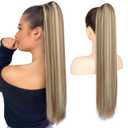 Flufymooz ponytail extension, 26 Inch Long Straight Drawstring Ponytail Synthetic Hairpieces Fake Pony Tails Natural Soft Clip in Hair Extension Pony Tail for Women (Ash Brown with Blonde Highlights)