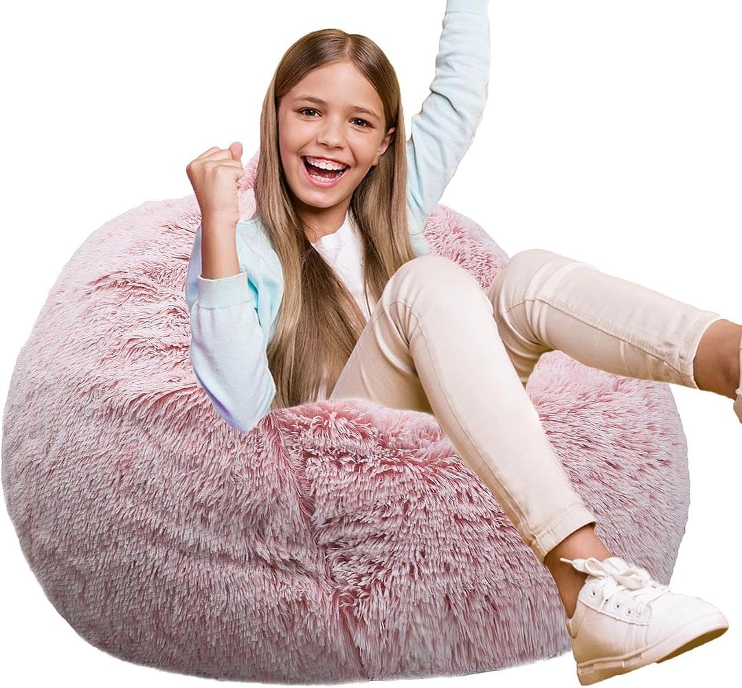 Fluffy Bean Bag Chair for Kids, 2.5FT Round Foam Filled Bean Bag for Teens & Kids, Ultra Soft Faux Fur Fabric Bean Bag Chairs for Playroom, Living Room, Bedroom,Pink