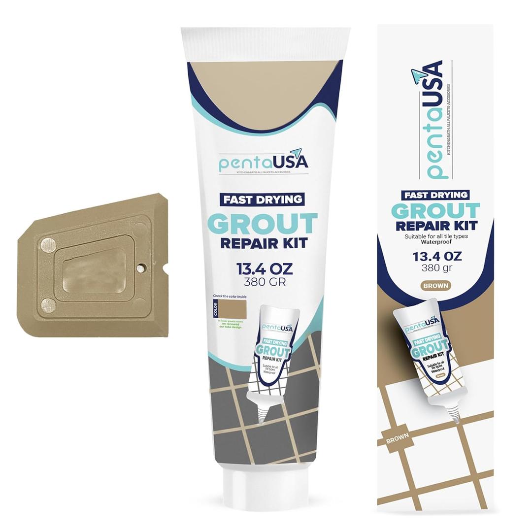 PentaUSA Tile Grout - Large Grout Filler Repairs Renews Tube, Fast Drying Grout Repair Kit, Odorless Formula - Grout Floater Included - 13.4oz / 380gr (Brown)