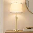 Modern Gold table Lamp 22" to 30"Adjustable Height 3 Brightness Way Brass Nightstand with White Linen Shade Pull Chain Pole Lights for Living Room Guest Bedroom End Table Office(Bulb Included, Single)