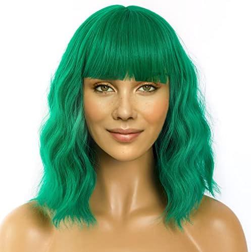 LANICE Green Wig for Women Short Bob Wigs with Bangs Natural Synthetic Wig Shoulder Length Colorful Wigs for Daily PartyUse(12inch,Green)