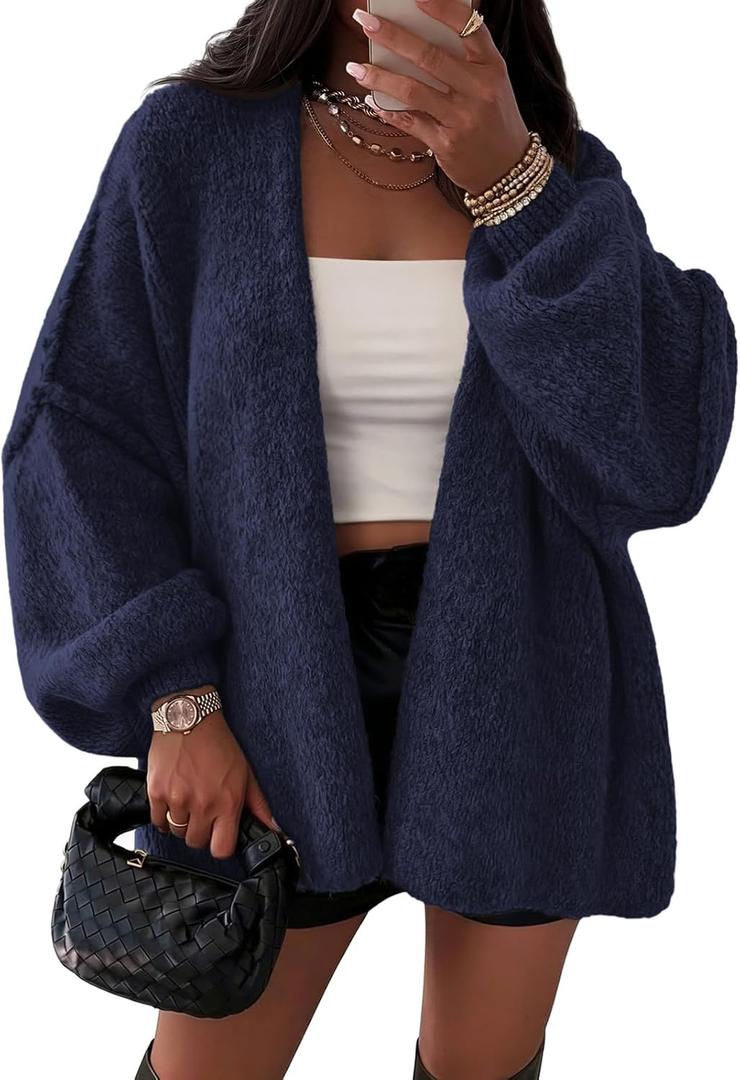 ATHMILE Womens Fall Oversized Cardigan Sweaters Long Lantern Sleeve Knit Open Front Lightweight Winter Fashion Clothes 2026 (Blue, S)