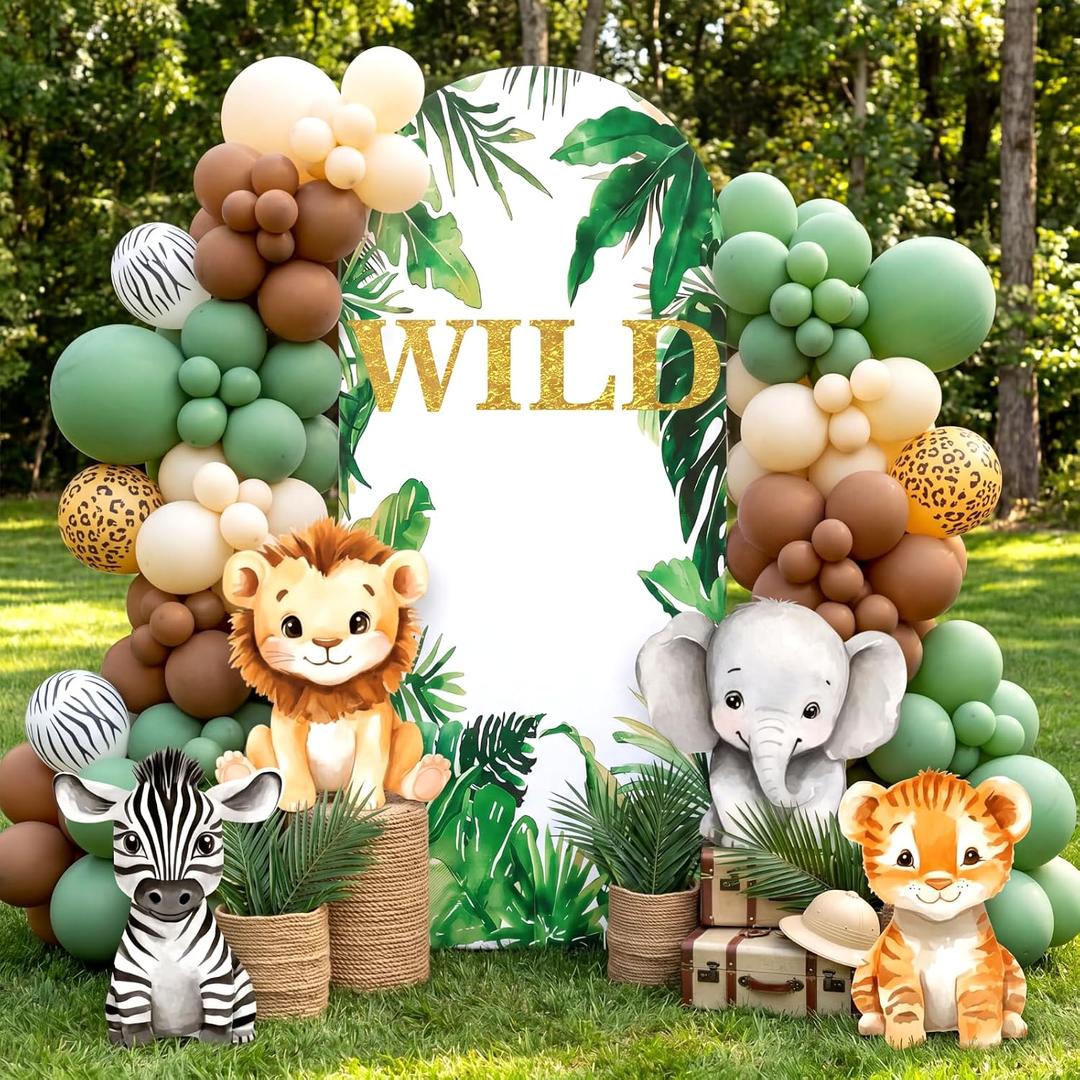 Honoson 5 Pcs 2.6x6ft Large Jungle Safari Animals Arch Photo Backdrop Cardboard Cutouts Life Size Birthday Party Decoration Standup Wild One Baby Shower for Tropical Woodland Party Supplies Props