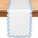 72 Inches Scalloped Edge Table Runner, Double Linen Fabric Table Runner Outdoor, Rustic Dining Decor for House Kitchen Coffee(Pure White, Sky Blue)