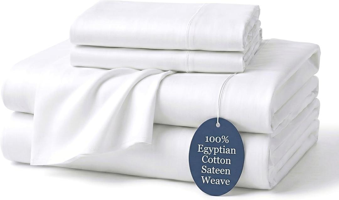 100% Egyptian Cotton Sheets Full Size Luxury Hotel Quality Soft and Smooth White Full Bed Sheet Set 16" Deep Pocket Sateen Weave Extra Long Staple Cotton Bedding - 4 Piece