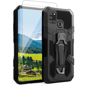 Compatible with Samsung Galaxy A21S Case, with [2 Pack] Tempered Glass Screen Protector,15ft. Drop Tested Protective Case| Kickstand || Heavy-Duty || Belt Clip |for Samsung A21s - Black