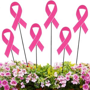 Pickmesh 6 Pcs 12" Breast Cancer Awareness Barn Metal Garden Stake Pink Ribbon Yard Sign Yard Stake for Breast Cancer Awareness Planter Pot Walkway Pathway Outdoor Decor Lawn Decoration