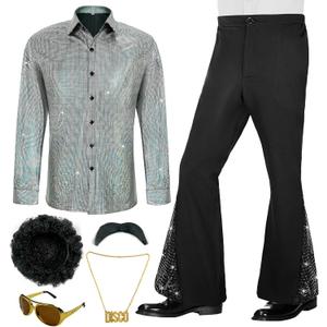 70s Outfits for Men 6 Pcs Disco Outfit Retro Costume with Bell Bottom Pants (Medium)