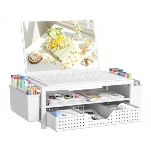 OPNICE Desk Organizer and Accessories, 2-Tier Computer Monitor Stand Riser with Drawer and 2 Pen Holders, Laptop Stand, Office Desk Accessories for Office Supplies, White – Perforated Steel Top