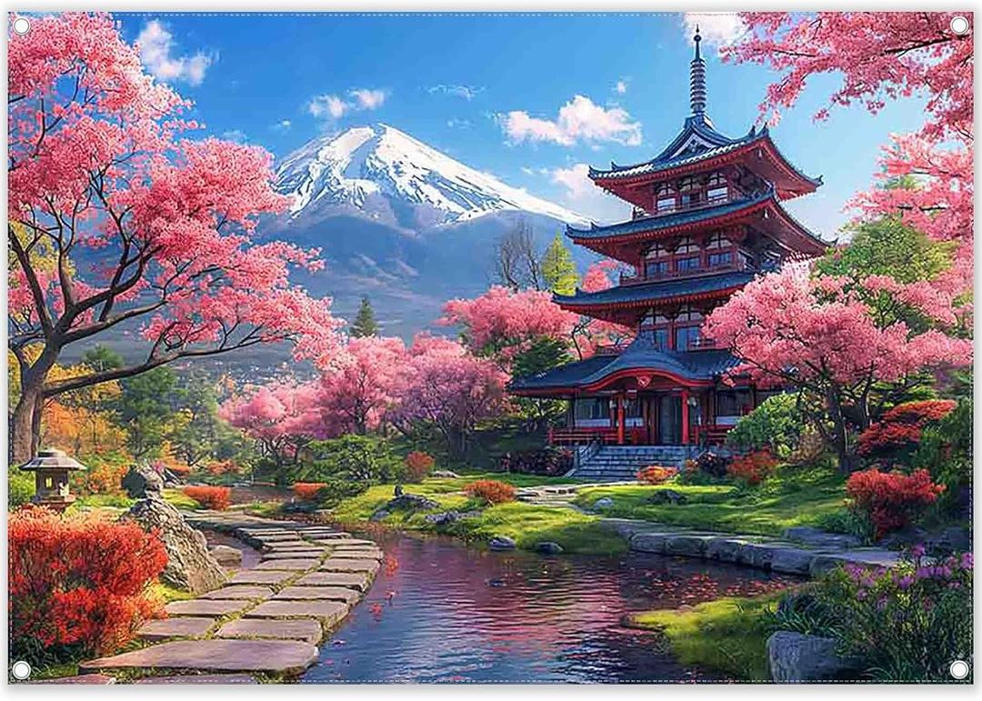 Fabric 7x5ft Japanese Spring Blooming Cherry Flowers Bokeh Photography Backdrop Snow Mountain Courtyard Background Party Decoration Photo Banner Booth
