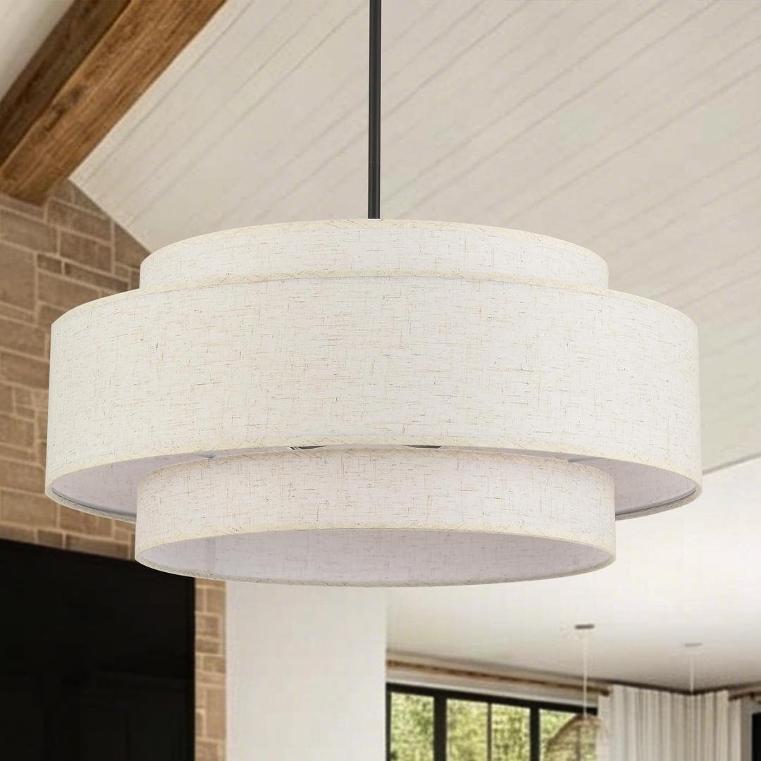 6 Light Large Drum Chandelier 3-Tier Rustic Farmhouse Dining Room Pendant Light Fixtures for Entryway Kitchen Island Foyer Breakfast Area, 23.6in,6L