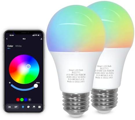 ORALUCE Bluetooth Smart Light Bulb A19 E26,9W LED Light Bulb Color Changing APP Dimmable, 9W Equivalent RGBCW LED Bulb 900 Lumens Multicolor,2P (No WiFi Connection)