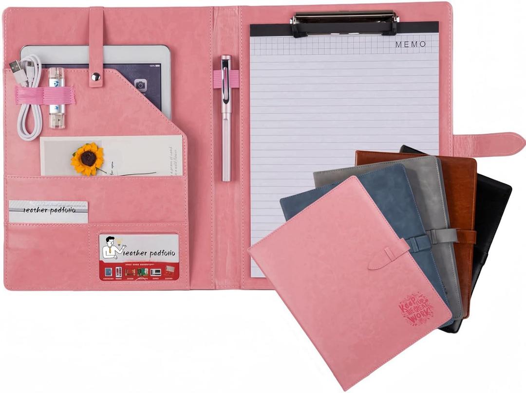 Padfolio Portfolio Leather Binder, Interview Legal Document Organizer, Padfolio Clipboard Folder, Business Card Holder Included 2pcs Letter Sized Writing Pad (Pink)