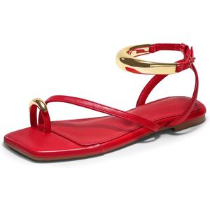Coutgo Womens Strappy Flat Sandals Flip Flops Open Toe Ring Sandals Metal Ankle Strap Summer Beach Shoes (8.5, Red)