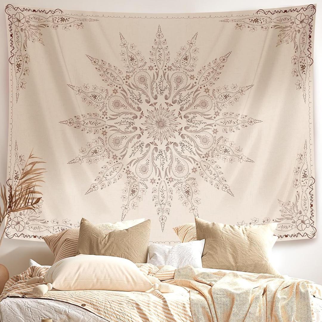 Damanse Floral Tapestry Wall Hanging Cute,Boho Wall Tapestry for Bedroom Aesthetic, Mandala Living Room Decor for Teen Girls (Flaxen, 70.9"x90.6")