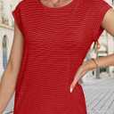 LA BAISEO Womens Casual Cap Short Sleeve Striped Tops Summer Open Back T-Shirts Crew Neck Basic Shirts (Red, XXL)