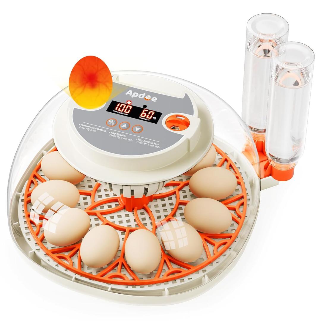 Egg Incubator with Temperature and Humidity Control, Automatic Egg Turning, Egg Candler, External Water Bottle, Adjustable Air Vent, 360 Clear View, for Chicken, Duck & Quail Eggs, APDOE HatchPro 12