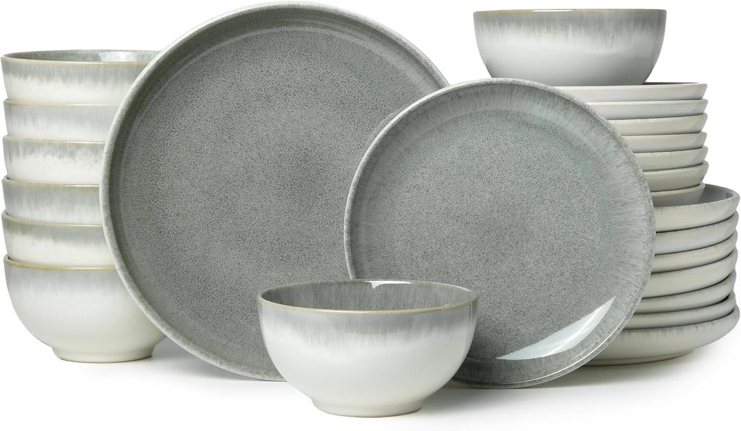 Pokini 24 Piece Dinnerware Sets for 8, Modern Stoneware Plates and Bowls Sets, Perfect for Family Gatherings & Holiday Celebrations, Easy Cleaning Dishes, Stack Compactly Plate Set, Gradient Green