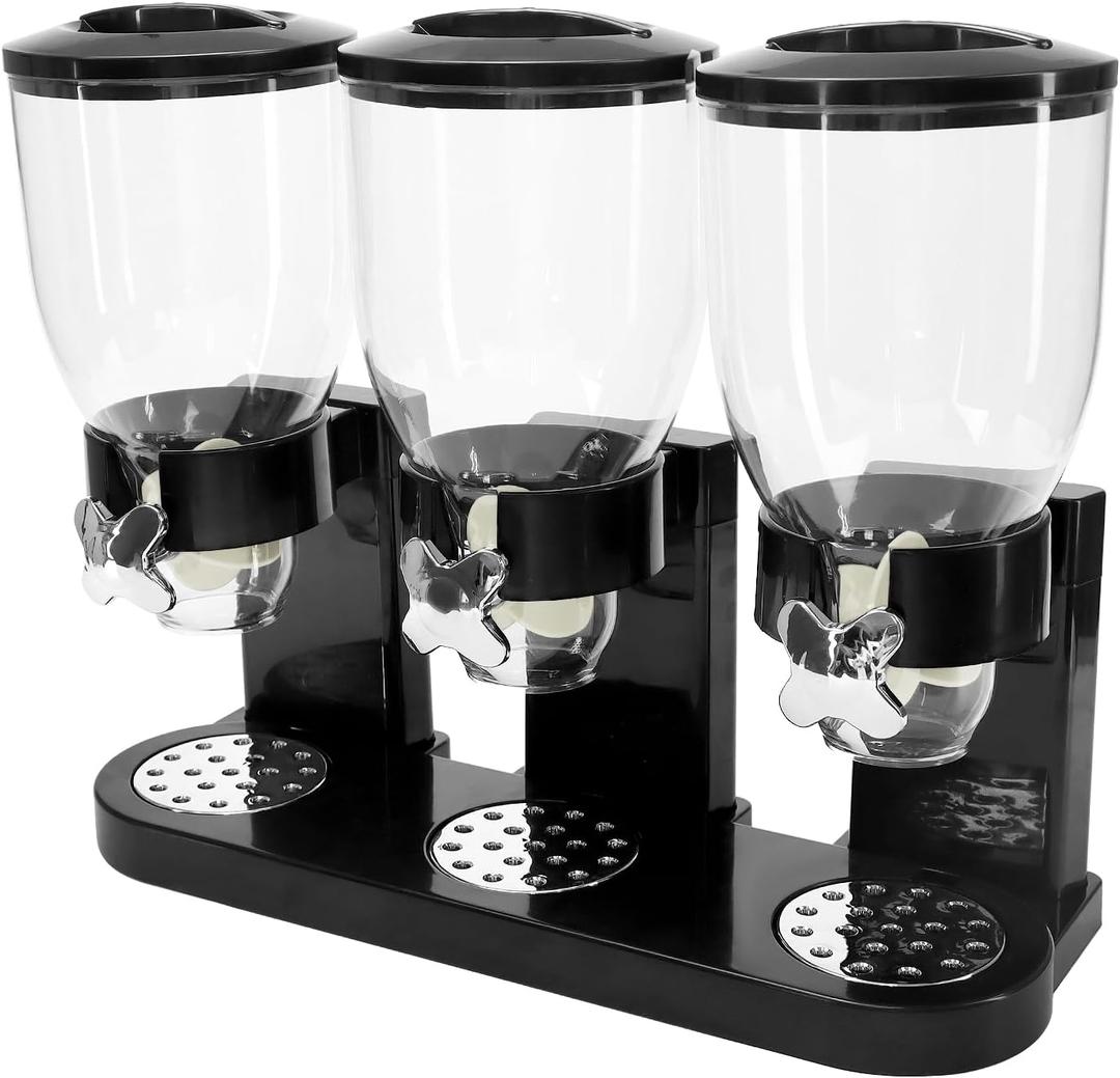 QWORK Triple Dry Food Dispenser - 2L Capacity Each, Easy Twist Mechanism, for Dry Food like Cereal, Rice, Candy, Nuts, Pet Food