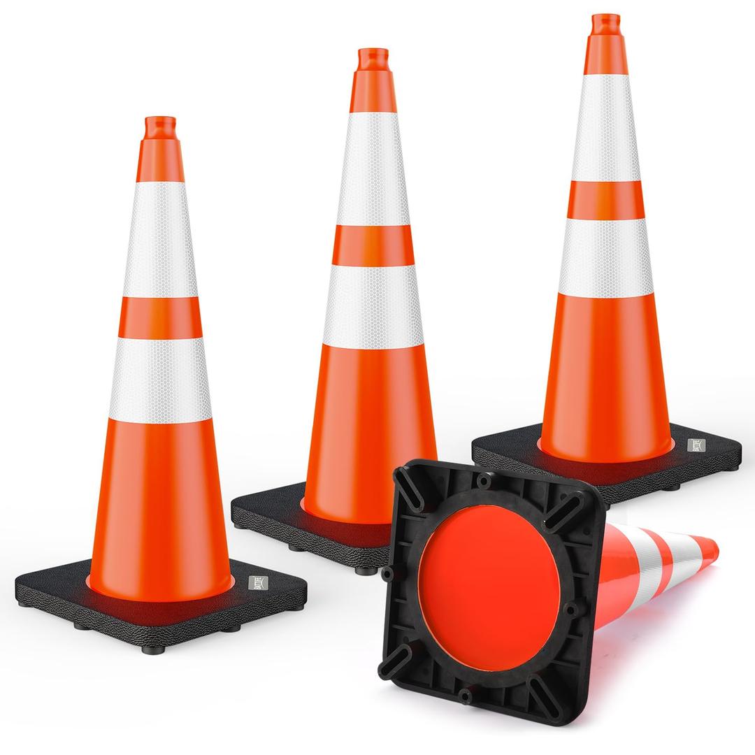 BATTIFE 28 Inch Traffic Cones with Black Weighted Base, PVC Orange Safety Cones for Traffic Control, Construction Events, Driveways, and Parking Lots (4 Pack)