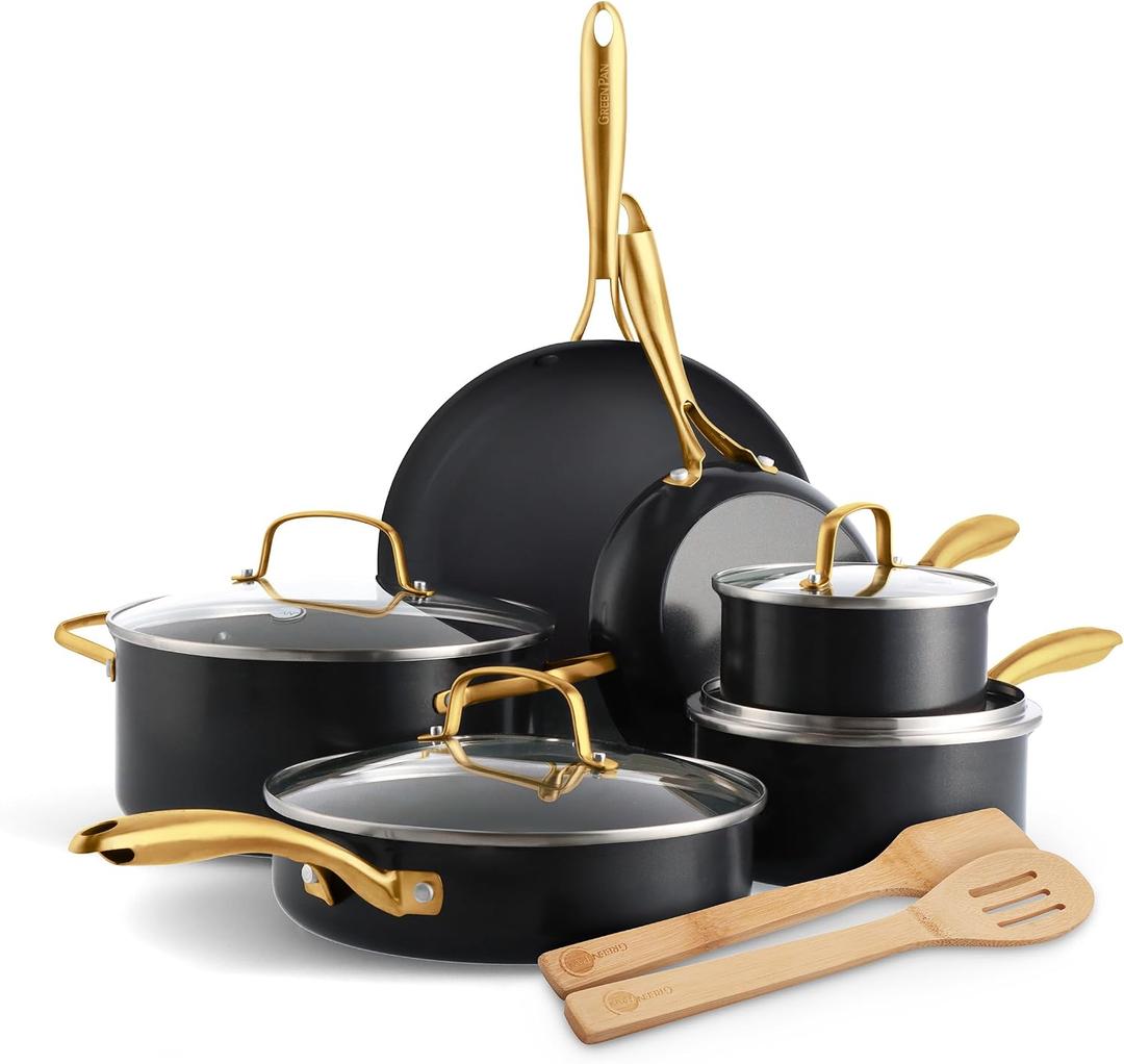 GreenPan 12 Piece Nonstick Swift Cookware Set, Ceramic PFAS-Free Pots & Pans with Lids, Dishwasher & Oven/Broiler Safe to 600F, Kitchen Cooking Set, Sauce, Saute, Stock, Frying Pans, Black/Gold, 12pc Pots & Pans Set