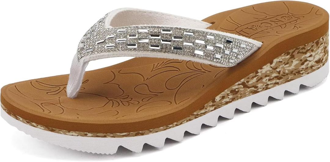 ONCAI Women's Wedge Flip Flops with RhinestoneRecovery Dressy Walking Sandals for Women with Comfortable Arch Support Cushion Yoga Mat Summer Rubber Soles(US Size 5-11)