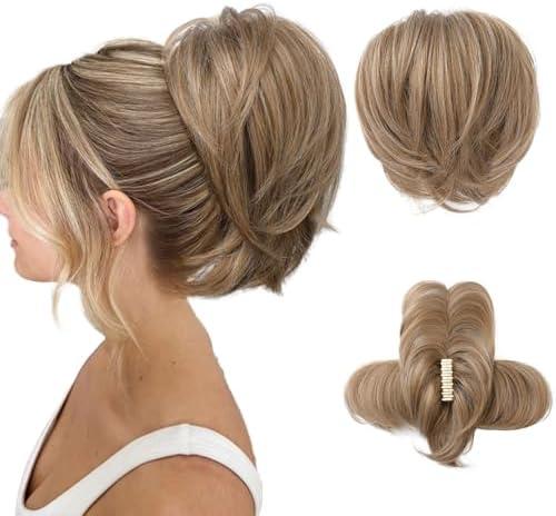 HOOJIH Ponytail Extension, Claw Clip in Straight Hair Bun Messy Bun 9 Inch Short Ponytail with Bendable Metal Wire Hair Pieces for Women Fake Hair Bun DIY Styles - Deep Blonde and Light Blonde mixed