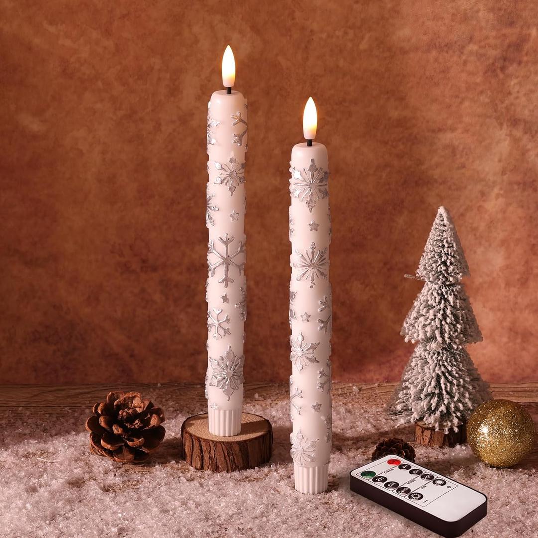 Eywamage White Snowflakes Christmas Flameless Taper Candles with Remote, Flickering LED Wax Candlesticks Set of 2