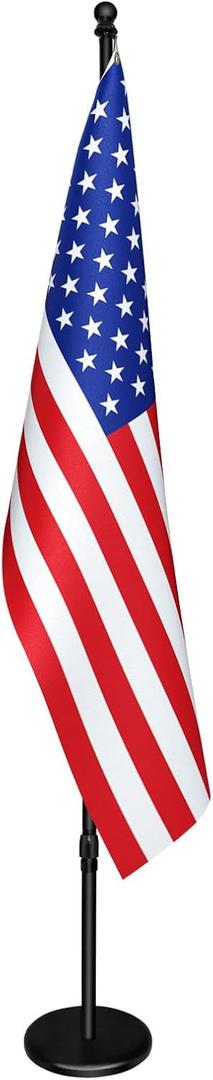 Indoor Flagpole with Base, Telescoping Flagpole 6 ft. Flagpoles Rotate 360 Degrees. 3X5 USA Flag- Heavy-Duty Water-Resistant Polyester Canvas, Embroidered Stars. Suitable for Office, Auditorium, or school use (1-pack)
