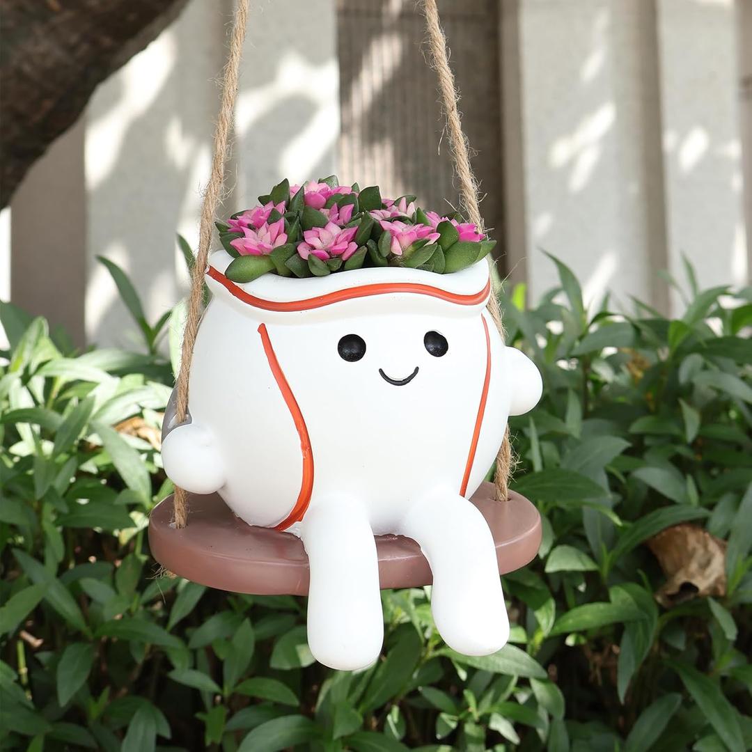Abofth Smiley Baseball Swing Planter Pot  Cute Resin Hanging Flower Pot with Drainage Hole, Indoor Outdoor Fun Planters for Indoor Plants, Gifts for Plant Lovers, Succulent Pot for Small Plants