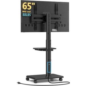 AX WABER Mobile TV Stand with Power Outlets&Shelf, Floor Portable TV Stand with Wheels for 27-65Inch LCD LED OLED Flat/Curved Panel Screen, Swivel,Height Adjustable&Wood Base, RollingTV Cart Black